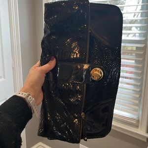 Perlina Textured snakeskin black oversized evening bag